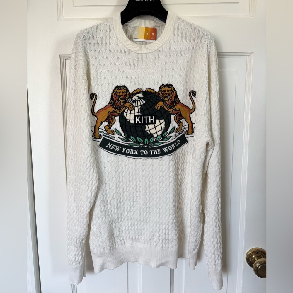 KITH NYC New York To The World Cable Knit Crewneck Sweater in White